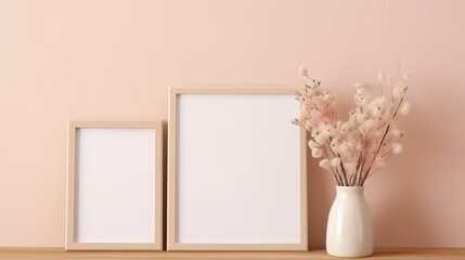 Wooden frames with a white and beige vase with flowers on a white wall. A layout template for your design, text.Vases with flowers in boho style on the table