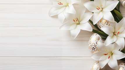 Easter lilies on white wooden banner background copy space. Eastertide flowers spring image backdrop empty. April resurrection paschal sunday concept composition top view, copyspace
