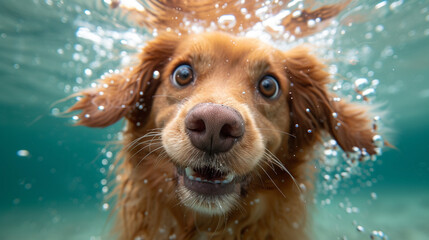 Unterwasserfreuden - Ein verspielter Spaniel erkundet neugierig die kühle Welt unter der Wasseroberfläche - obrazy, fototapety, plakaty