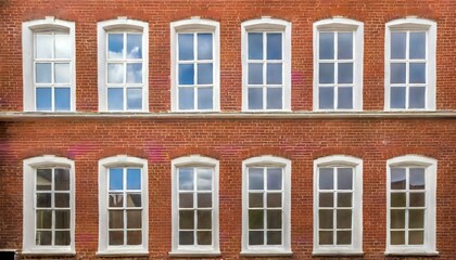 Fototapeta na wymiar eight windows with white sash and frame on a red brick wall georgian british style