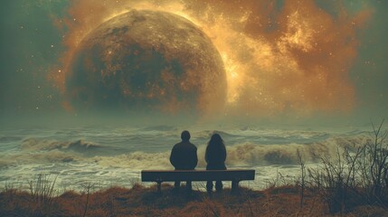  two people are sitting on a bench in front of the ocean and a large object in the sky with a star in the middle of the sky and a sun in the background.