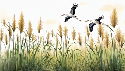 hand drawn reeds with flying storks for interior printing - obrazy, fototapety, plakaty