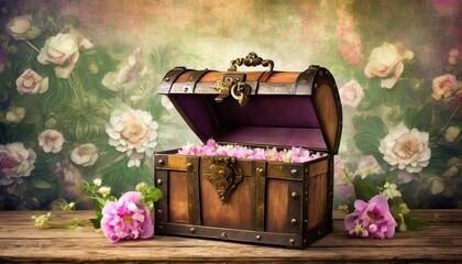 treasure chest on the table with vintage floral background