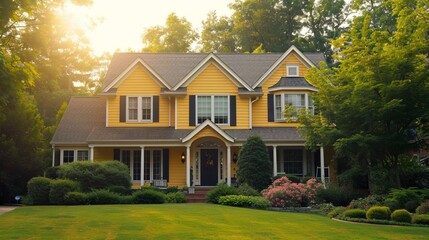 A lemon yellow house with siding, set in a quiet suburban neighborhood. It boasts traditional windows and shutters, with a large yard, captured during a gentle sunrise - Powered by Adobe