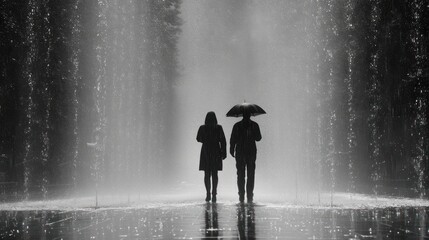  a black and white photo of two people standing in front of a fountain with an umbrella in the rain, with the light shining on the water cascading.