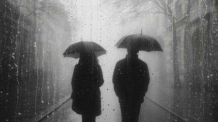  two people with umbrellas standing in the rain in a dark alleyway in a black and white photo of two people standing in the rain with umbrellas facing each other way.