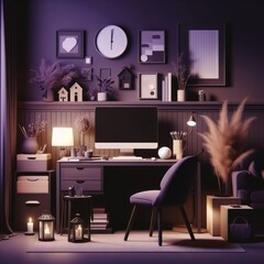 Desk with a computer and accessories for work on a dark purple background. Cozy home office interior concept in minimalism style, realistic 3d render. Monochrome composition, for design and banners.