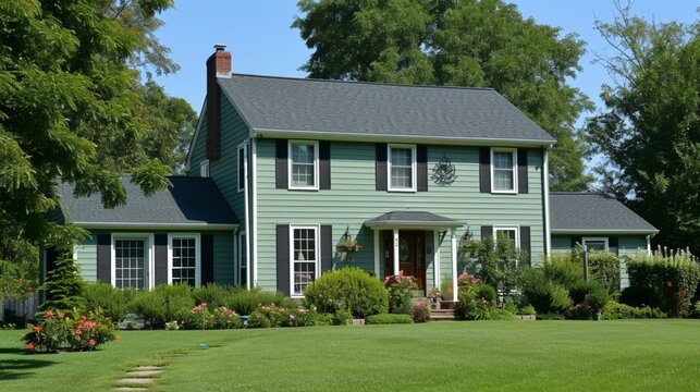 A gentle sage green house with siding, situated on a large lot in a suburban neighborhood. It boasts traditional windows and shutters. This image appears to be taken by an HD camera