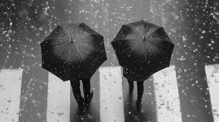 two people with umbrellas standing in the rain on a crosswalk in the middle of a crosswalk, looking down at them from above them are two people with umbrellas. - obrazy, fototapety, plakaty