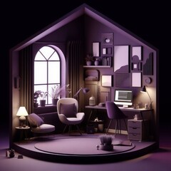Desk with a computer and accessories for work on a dark purple background. Cozy home office concept in minimalism style, realistic 3d render. Monochrome composition, for design and banners.