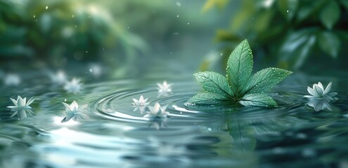 Naklejka na ściany i meble A green leaf floating on water
