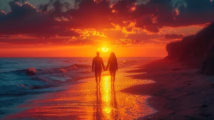 Foto auf Alu-Dibond  a couple of people walking on a beach near the ocean during a sunset or sunset with the sun setting over the ocean and behind them is a couple of people walking on the beach. © Nadia