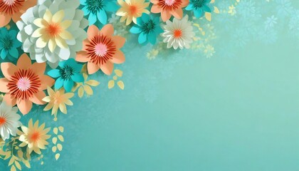 colorful paper cut flowers on wall decor floral banner top view copyspace and empty background...