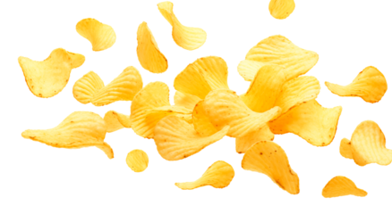 Falling natural potato chips isolated on white transparent background, png