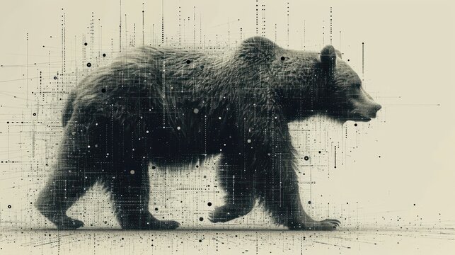  a black and white photo of a bear on a skateboard with dots all over it's body and a black and white image of a bear on it's back.