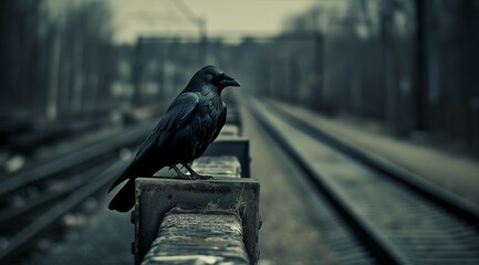 Fototapeta premium raven siting on the fence near the railway, dark industrial post apocalyptic scene. 