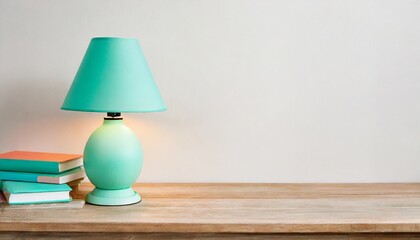 pastel mint colored lamp on wooden desk with books copy space on empty white wall
