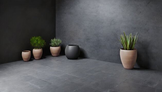 dark gray plater surface corner with pots