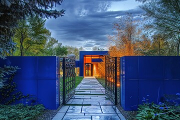 A modern abode in a bright indigo blue, next to a chic backyard. Its wrought iron gate blends elegance with avant-garde design, under a dramatic, moody sky