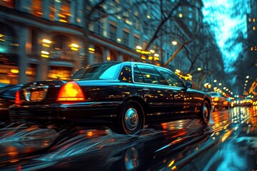 Black taxi in city outside