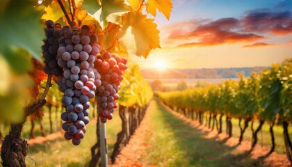 grape harvest vineyards at sunset in autumn harvest ripe grapes in fall vineyard with ripe grapes in countryside at sunset nature background with vineyard in autumn harvest ripe grapes in fall - obrazy, fototapety, plakaty
