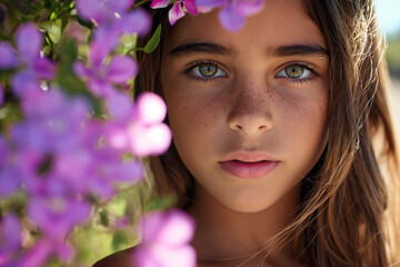 Naklejka premium Girl with Blue Eyes Amidst Purple Flowers