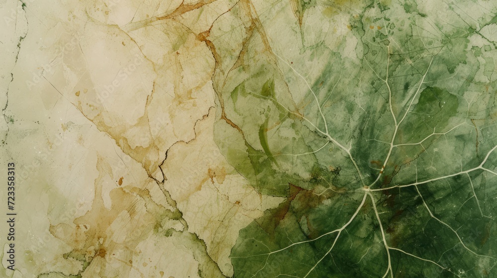 Wall mural Generative AI, Abstract watercolor green leaf veins. Drawn poster design with green, brown and beige colors.