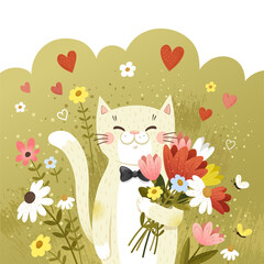 Happy cat with bouquet of flowers. Vector illustration