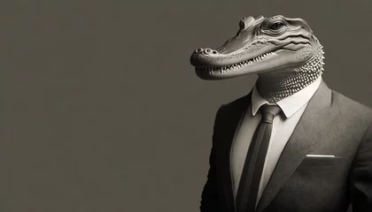 Poster crocodile in suit vintage retro phone wallpaper banner monochrome old photograph ai generated © Slainie
