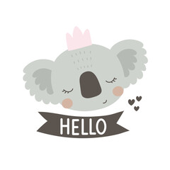 Hello. cartoon koala, hand drawing lettering, decorative elements. flat style, colorful vector for kids. baby design for cards, poster decoration, t-shirt print