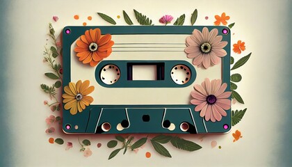 generative ai illustration of retro music cassette covered with flowers