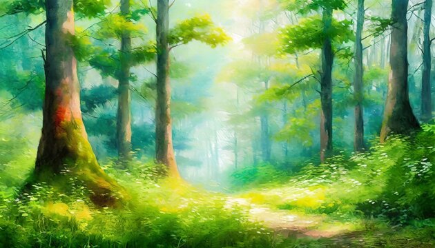 artistic conception of beautiful landscape painting of nature of forest background illustration tender and dreamy design
