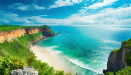 Fototapeta na wymiar beach cliff viewing green sea