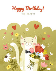 Happy Birthday Card with happy cat and flowers.