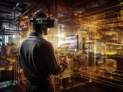 Mann arbeitet mit Laptop in der Fabrik, smart Factory, virtueller und erweiterter Realit&auml;t, VR Brille