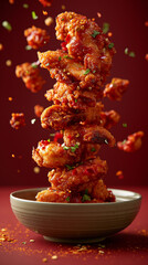 Crispy fried chicken surrounded by spices flying in the air on an unusual background, Commercial food illustration. Menu for restaurants and cafes,