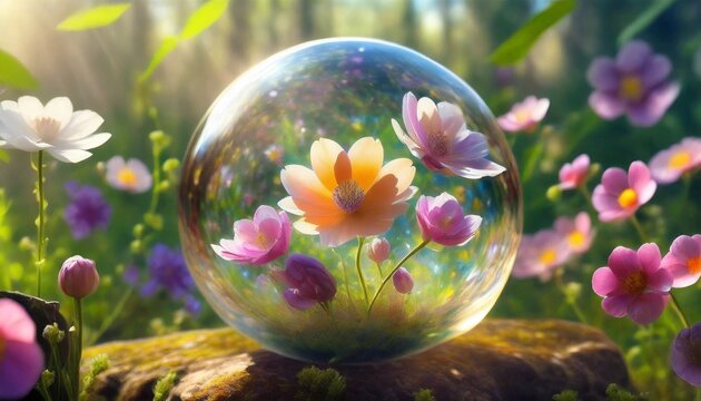 colorful blossoming flowers with gentle petals and pleasant aroma inside a crystal sphere generative ai