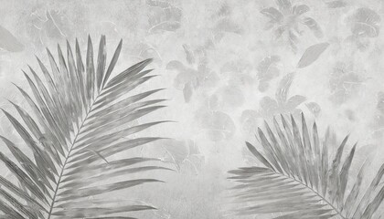 tropical palm leaves monochrome leaves on the plastered wall fresco wallpaper for interior printing