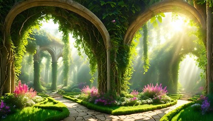 garden of eden exotic fairytale fantasy forest green oasis unreal fantasy landscape with trees and...