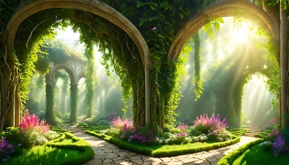 Foto op Plexiglas garden of eden exotic fairytale fantasy forest green oasis unreal fantasy landscape with trees and flowers sunlight shadows creepers and an arch 3d illustration © Slainie