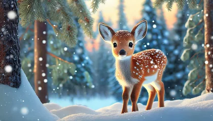 Foto op Canvas cute baby deer in winter forest horizontal christmas card  © Slainie