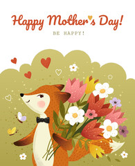 Happy Mothers Day Card smiling fox and flowers, hearts