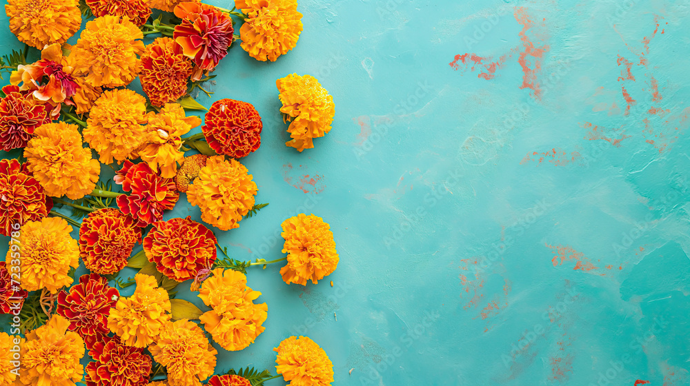 Poster yellow and orange marigolds on blue wall