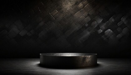 black dark podium backdrop for product promotion with stone texture and metallic colors on black...