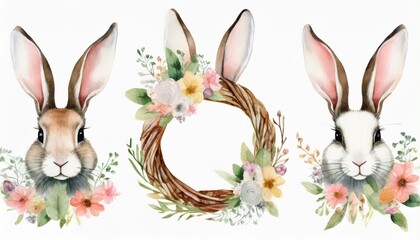 hand drawn watercolor happy easter set with bunnies head and flral wreath design rabbit bohemian style buny isolated boho illustration on white