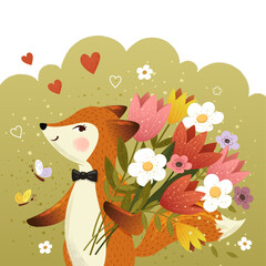 Smiling fox with bouquet of flowers. Vector illustration