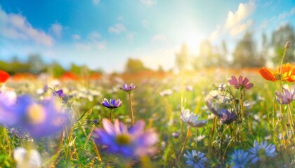 flower field in sunlight spring or summer garden background in closeup macro flowers meadow field