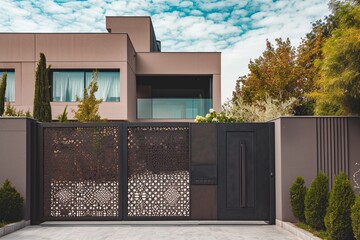 A state-of-the-art house in a matte taupe color, beside a minimalist backyard. The wrought iron gate features a unique, contemporary pattern. Captured under the soft, diffused light of a cloudy day
