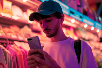 Obraz premium Portrait of a guy in a baseball cap reading a message on a smartphone while standing at the counter of a grocery store, daily routine life