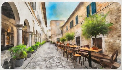 Fototapeta na wymiar cafe in the old town of italy vertical watercolor painting printable wall art 
